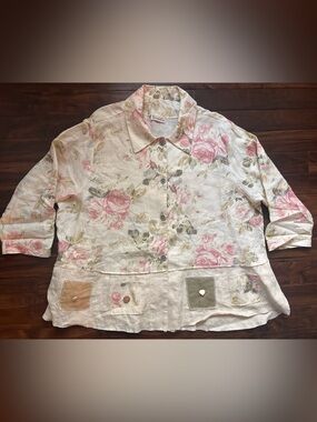 Vintage Surrealist Floral Linen Patchwork Button-Down Shirt Jacket